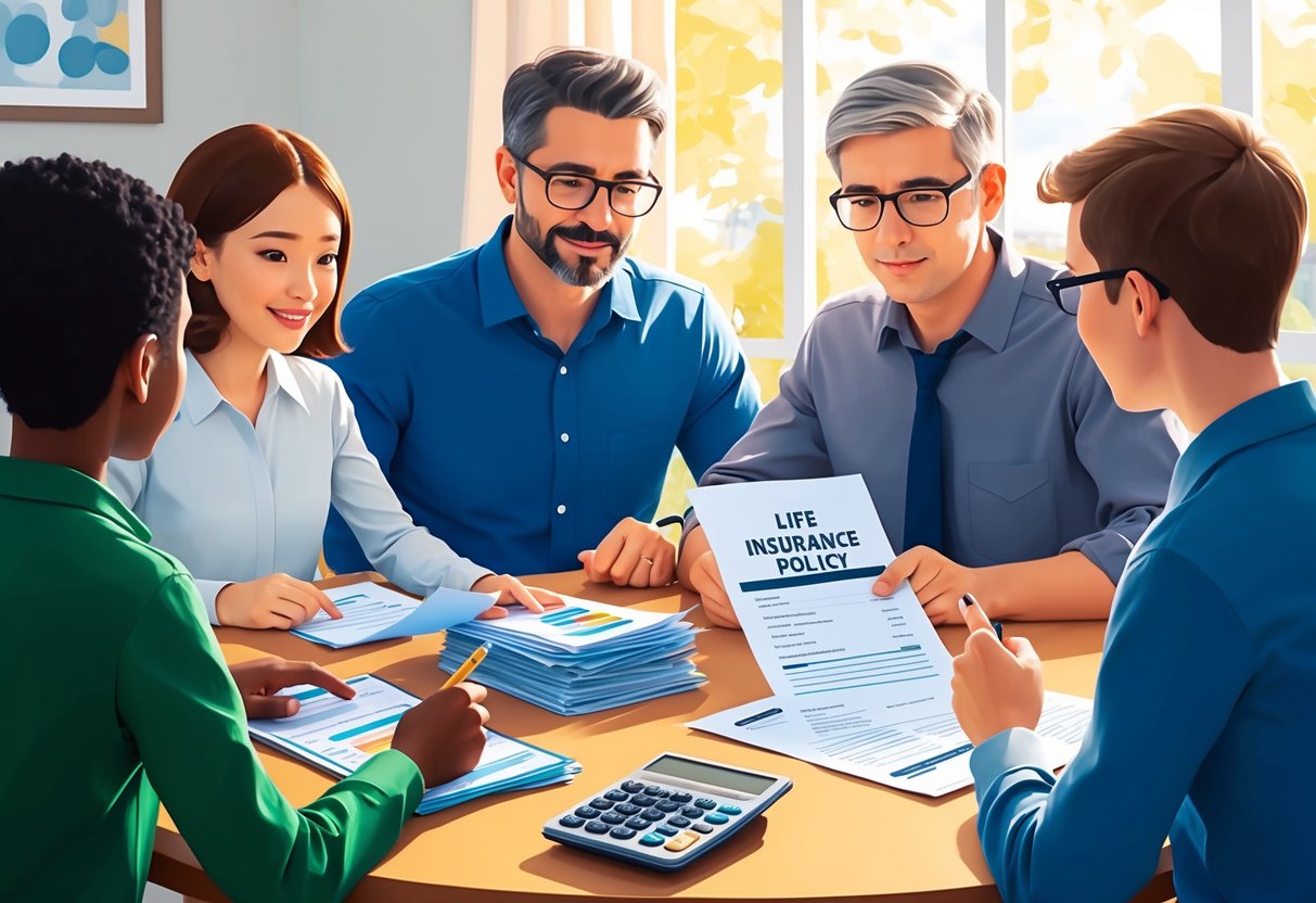 A family sitting around a table, discussing finances. A stack of papers and a calculator are on the table, while a life insurance policy is being passed around for review