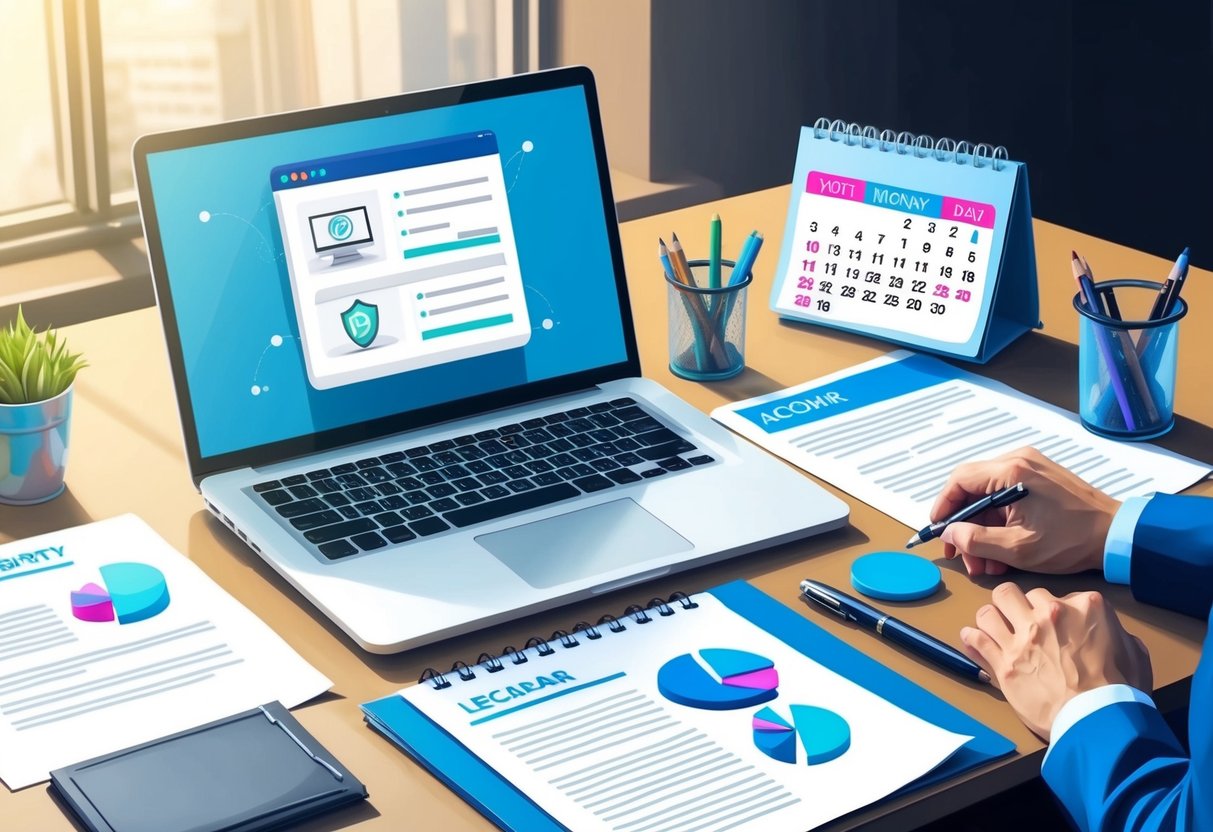 A desk with a laptop open to online accounts, surrounded by legal documents and a pen, with a calendar showing the date