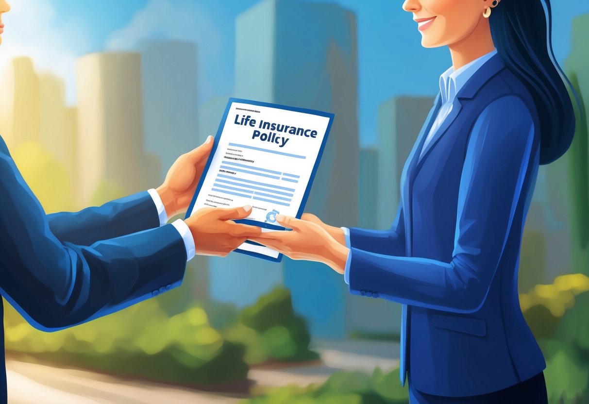 A person handing over a life insurance policy document to a charity representative, with a sense of generosity and goodwill