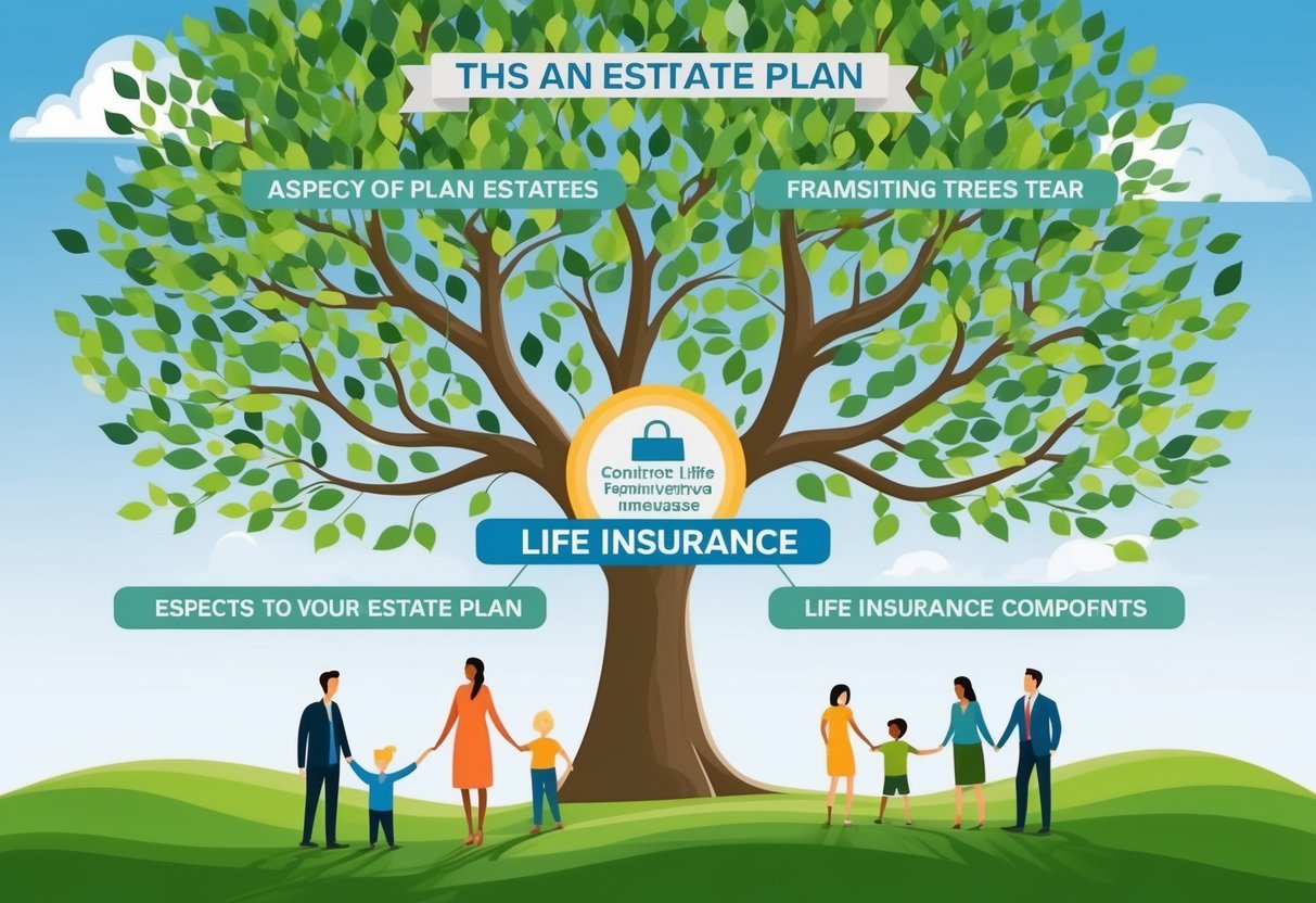 A family tree with branches representing different aspects of an estate plan, with life insurance at the center as a crucial component