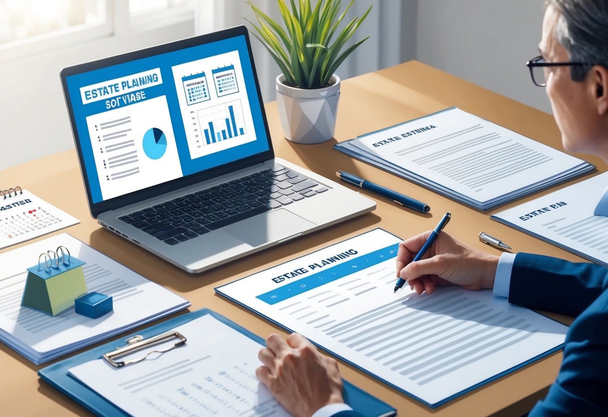 A neat desk with legal documents, a calendar, and a pen. A laptop displaying estate planning software. A person reviewing and updating their estate plan
