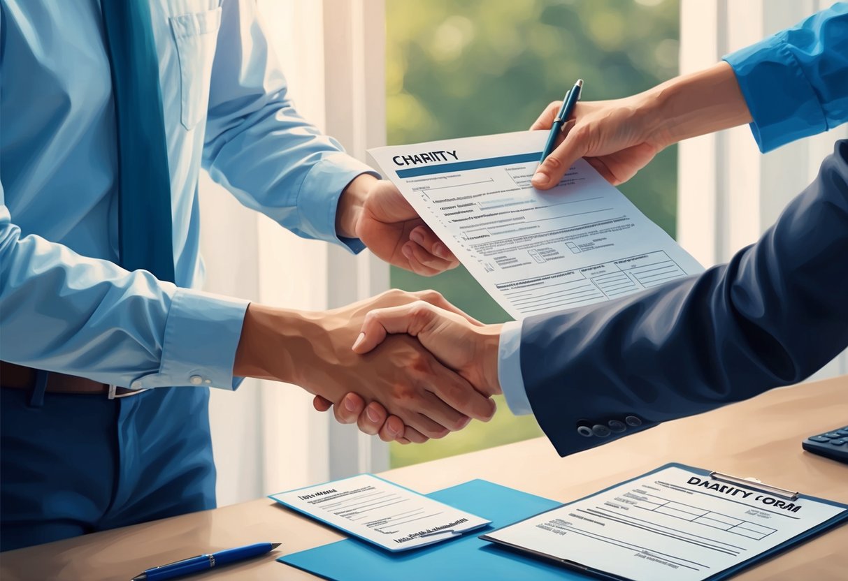 A person handing over a life insurance policy to a charity representative, with a tax form and a handshake exchanged