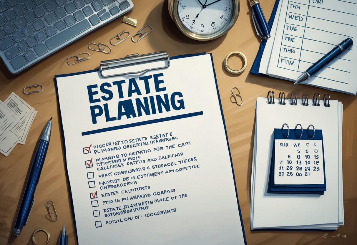 A cluttered desk with legal documents, a calendar, and a pen. A checklist of estate planning items with checkboxes. A clock showing the passage of time