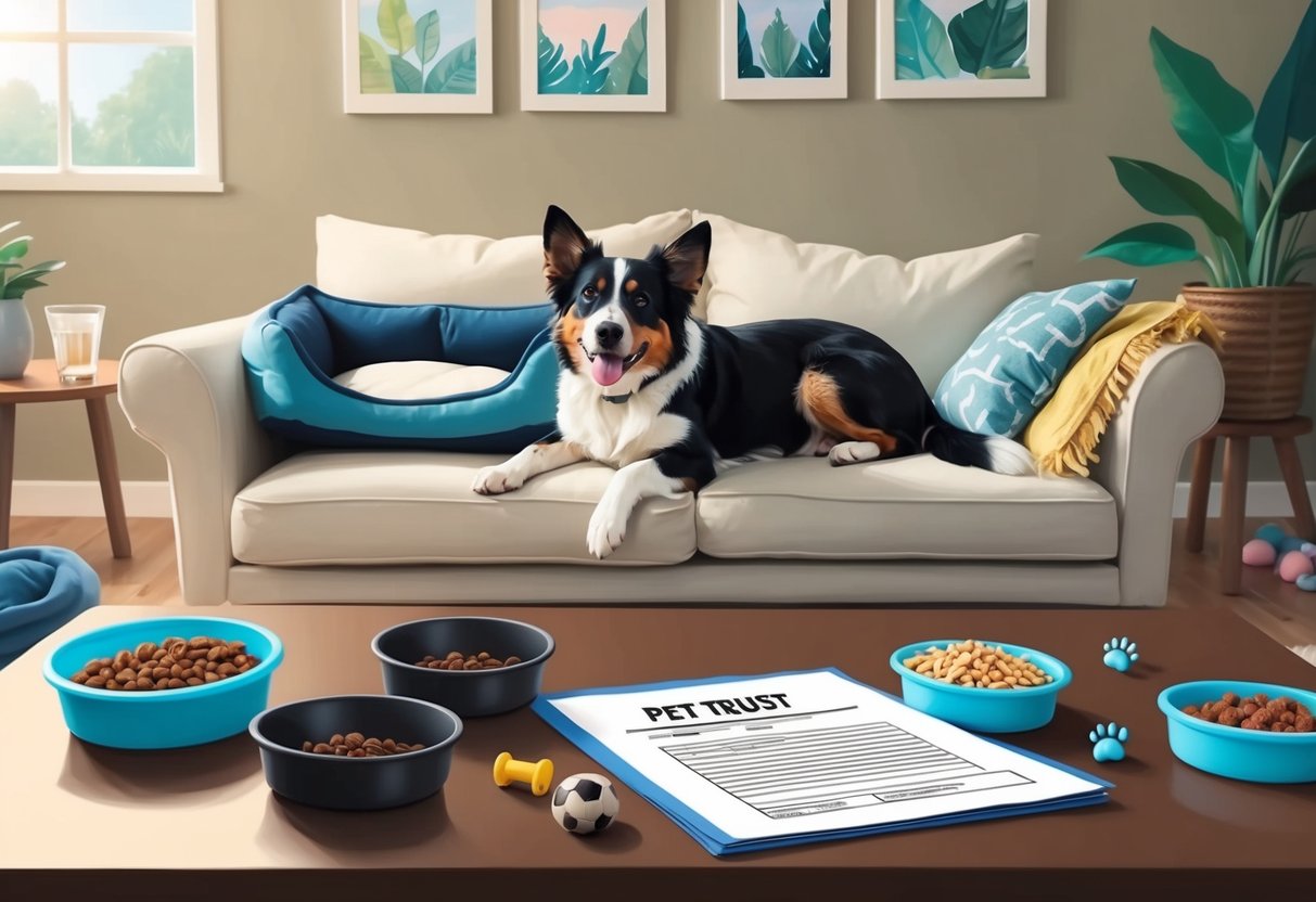 A cozy living room with a comfortable pet bed, food and water dishes, and toys scattered around. A legal document labeled "Pet Trust" sits on a coffee table