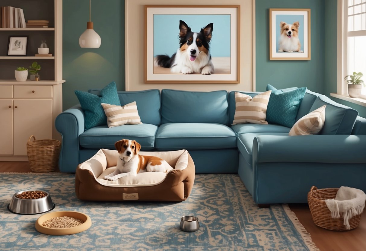 A cozy living room with a pet bed, food and water bowls, and a framed photo of a beloved pet on a shelf