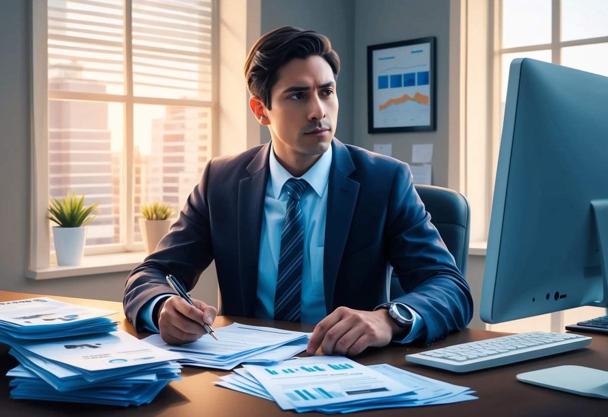 A person sitting at a desk, surrounded by financial documents and a computer, with a pen in hand, looking contemplative and focused