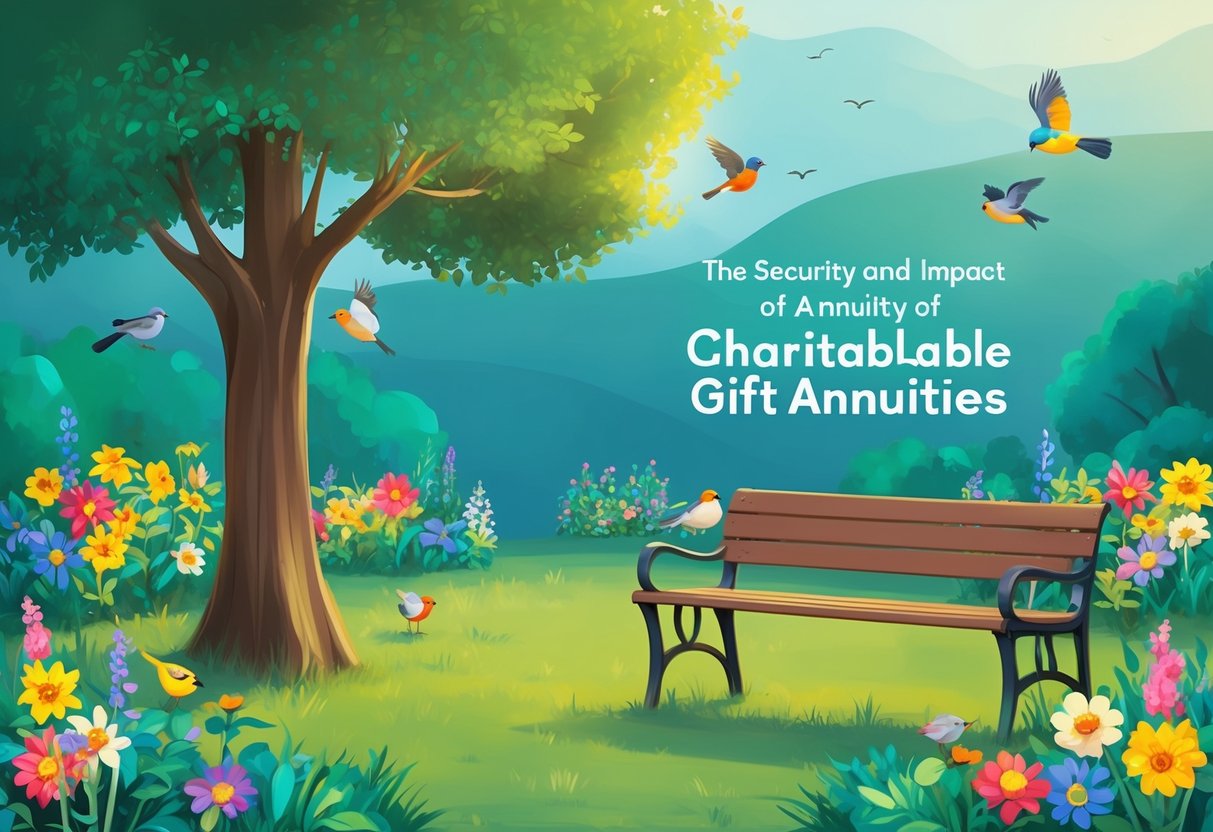 A serene garden with a tree and a bench, surrounded by colorful flowers and birds, symbolizing the security and impact of charitable gift annuities