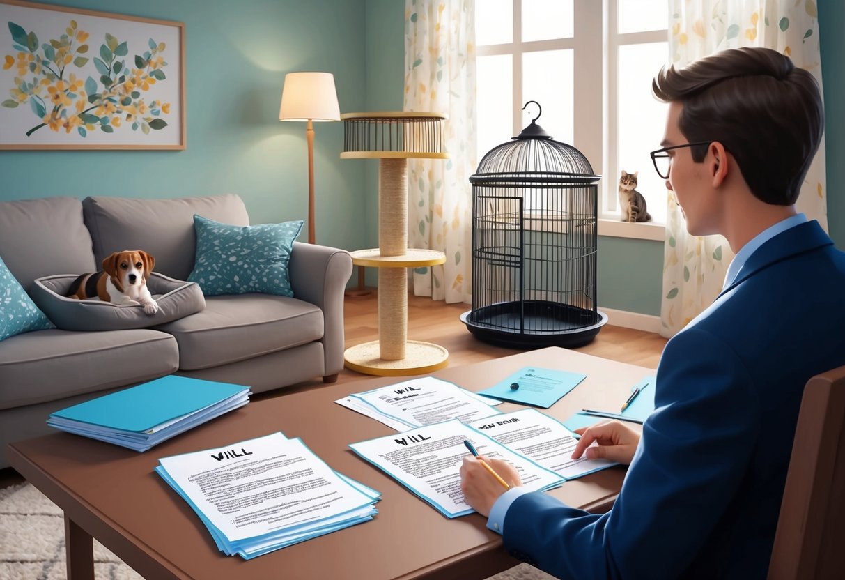 A cozy living room with a dog bed, cat tree, and birdcage. A will and legal documents are spread out on a table, with a lawyer discussing with the pet owner