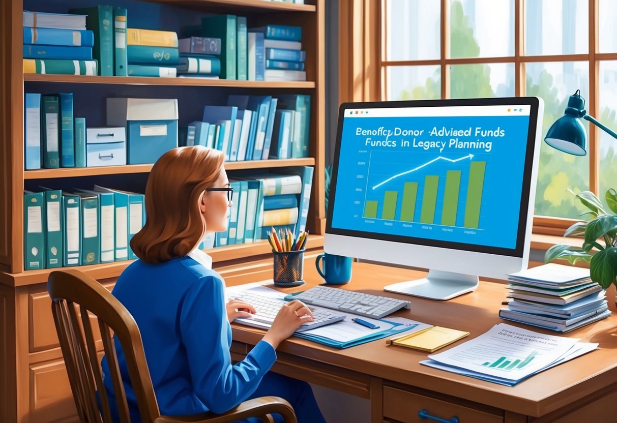 A cozy office with a desk and computer, surrounded by shelves of financial books and papers. A graph on the computer screen shows the benefits of using donor-advised funds in legacy planning