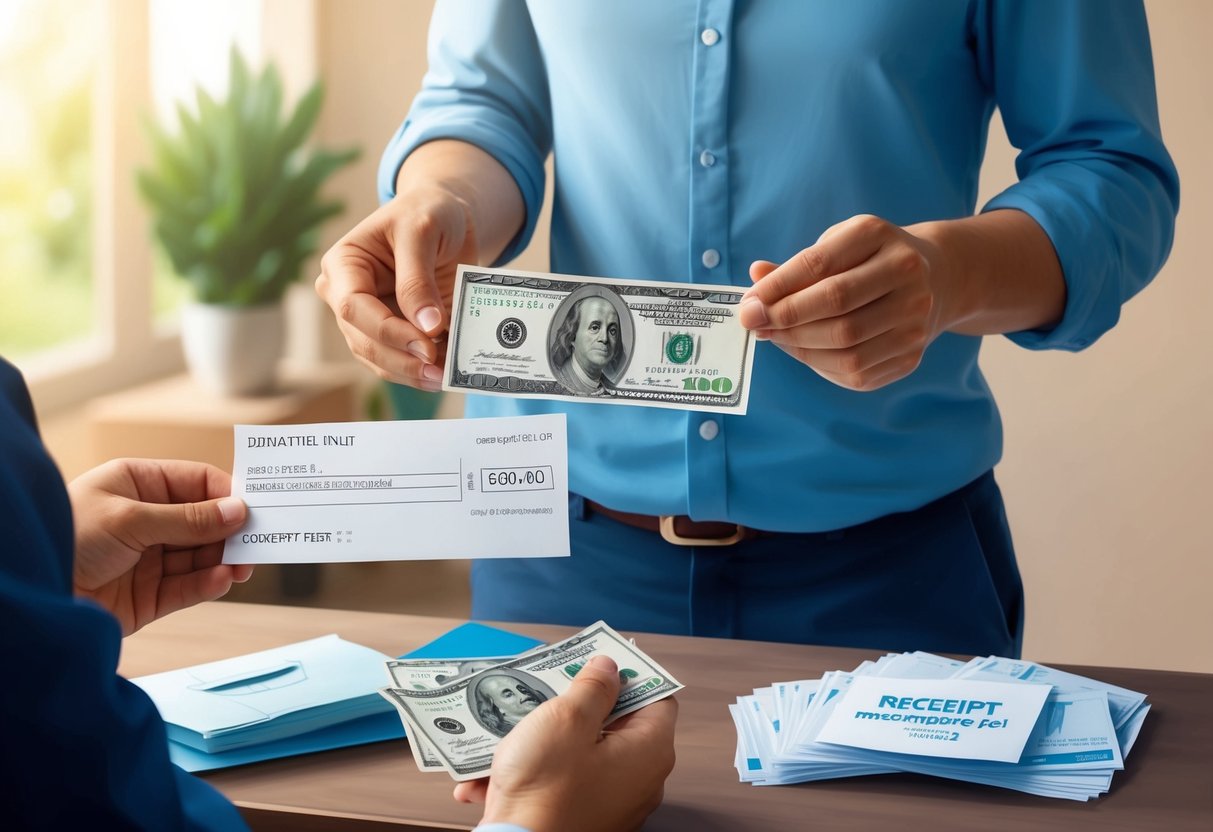 A person donating money to a charitable organization and receiving a receipt in return