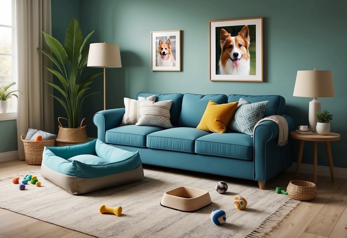 A cozy living room with a comfortable pet bed, toys scattered on the floor, and a framed photo of a beloved pet on the wall