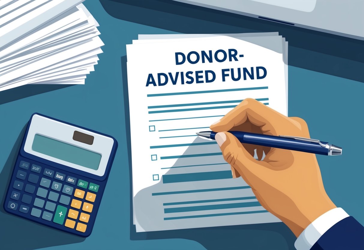A hand holding a pen fills out a form with the words "Donor-Advised Fund" at the top. A stack of papers, a computer, and a calculator sit nearby, symbolizing the streamlined and organized process of philanthropic giving through legacy planning