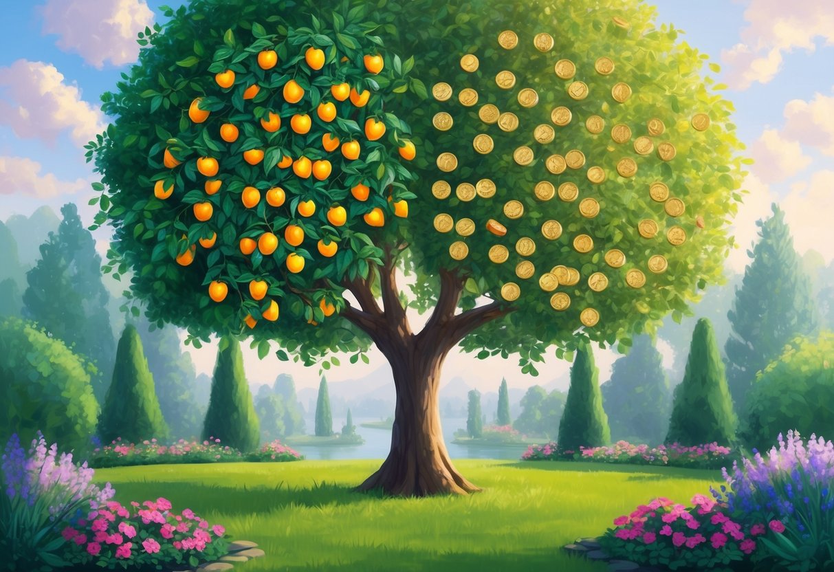 A serene garden with a tree bearing both fruit and coins, symbolizing the dual nature of charitable gift annuities as a source of income and a means of making a positive impact