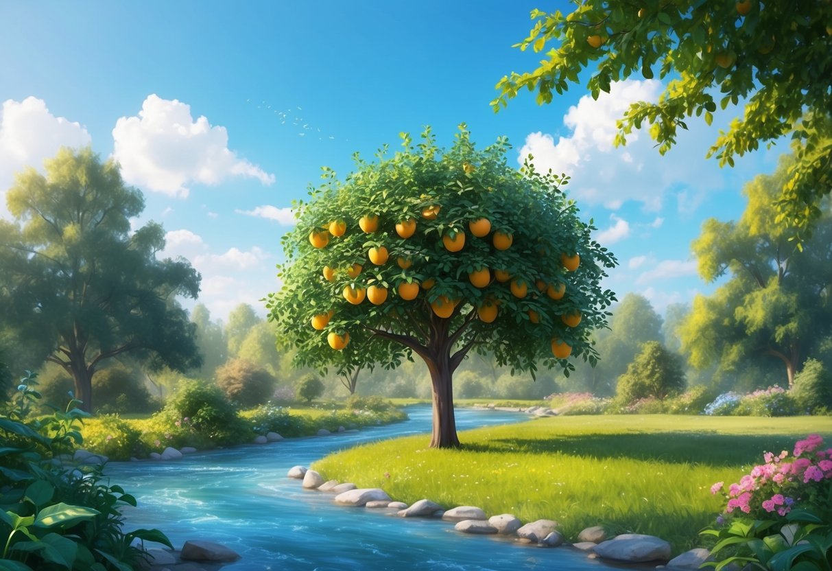 A peaceful garden with a tree bearing fruit, surrounded by a flowing river and a clear blue sky overhead
