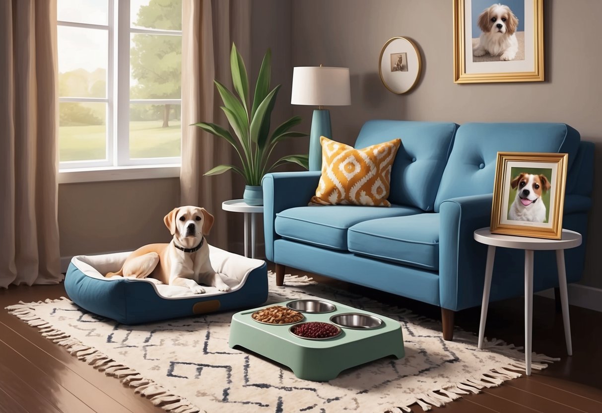 A cozy living room with a pet bed, food and water bowls, and a framed photo of a beloved pet on a side table