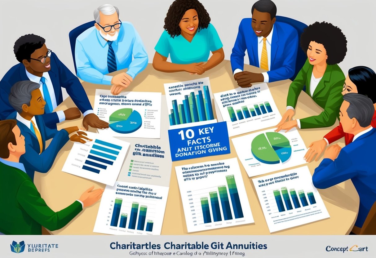 A group of people gather around a table, discussing charitable gift annuities and their impact on philanthropic giving. Charts and graphs are spread out, illustrating the 10 key facts about this income-generating donation method