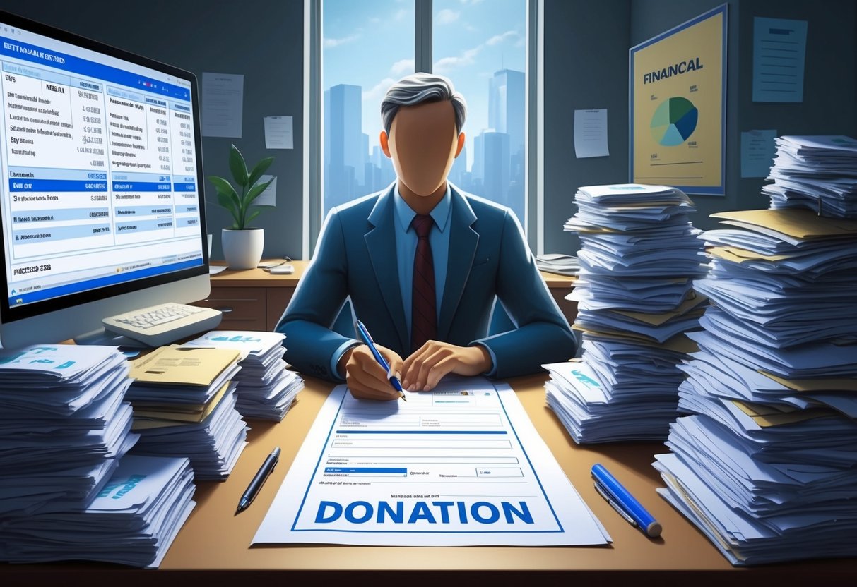 A figure sits at a desk, surrounded by stacks of paperwork and a computer screen displaying financial data. A pen hovers over a form, ready to make a donation