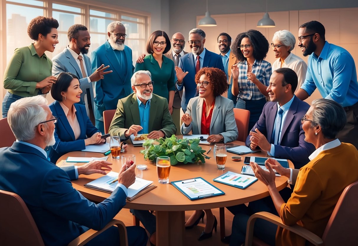 A diverse group of people of different ages and backgrounds are gathered around a table, engaged in a lively discussion about legacy planning and donor-advised funds. The atmosphere is one of collaboration and shared purpose