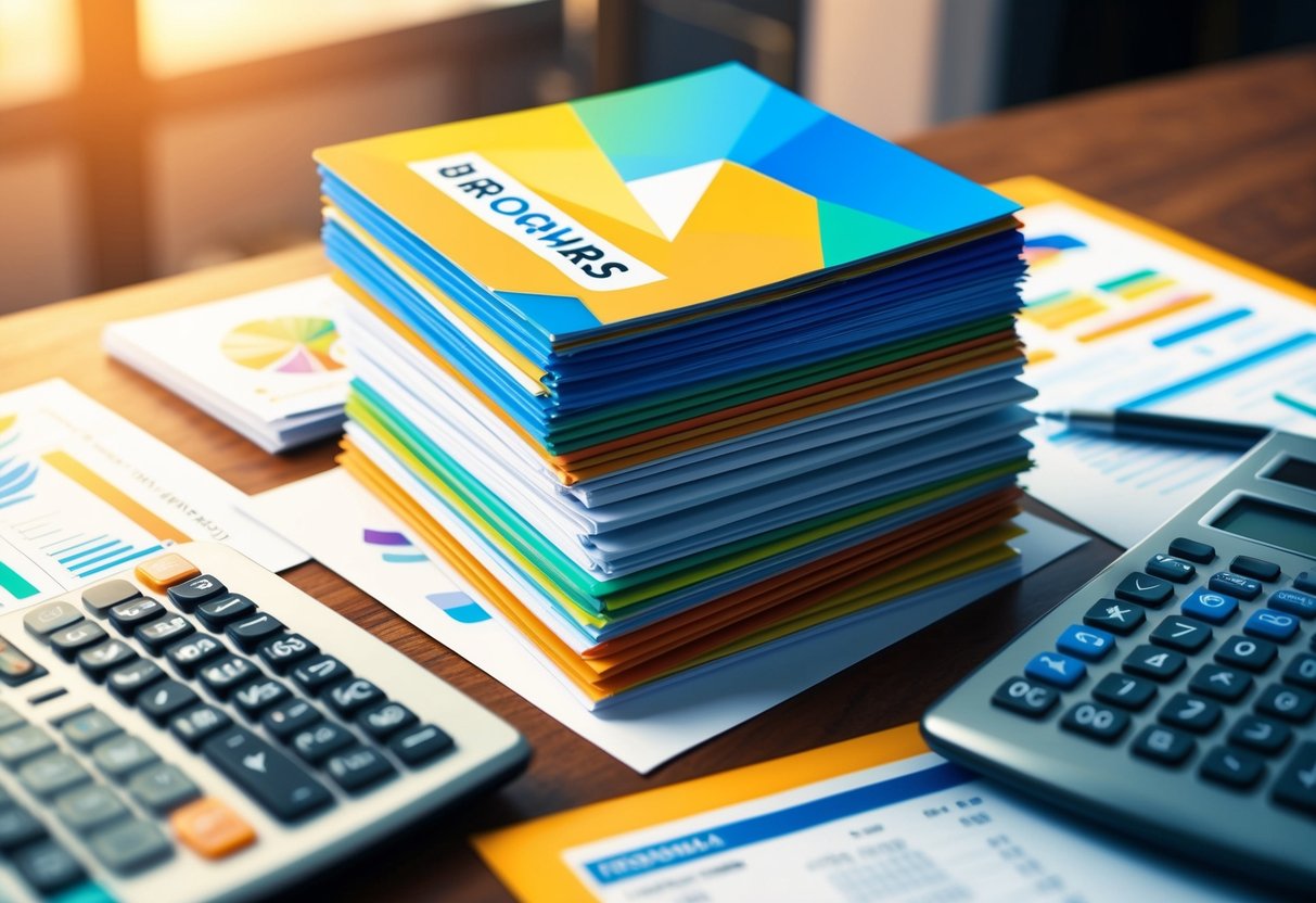 A stack of colorful brochures on a table, surrounded by a variety of financial documents and a calculator, with a warm, inviting atmosphere