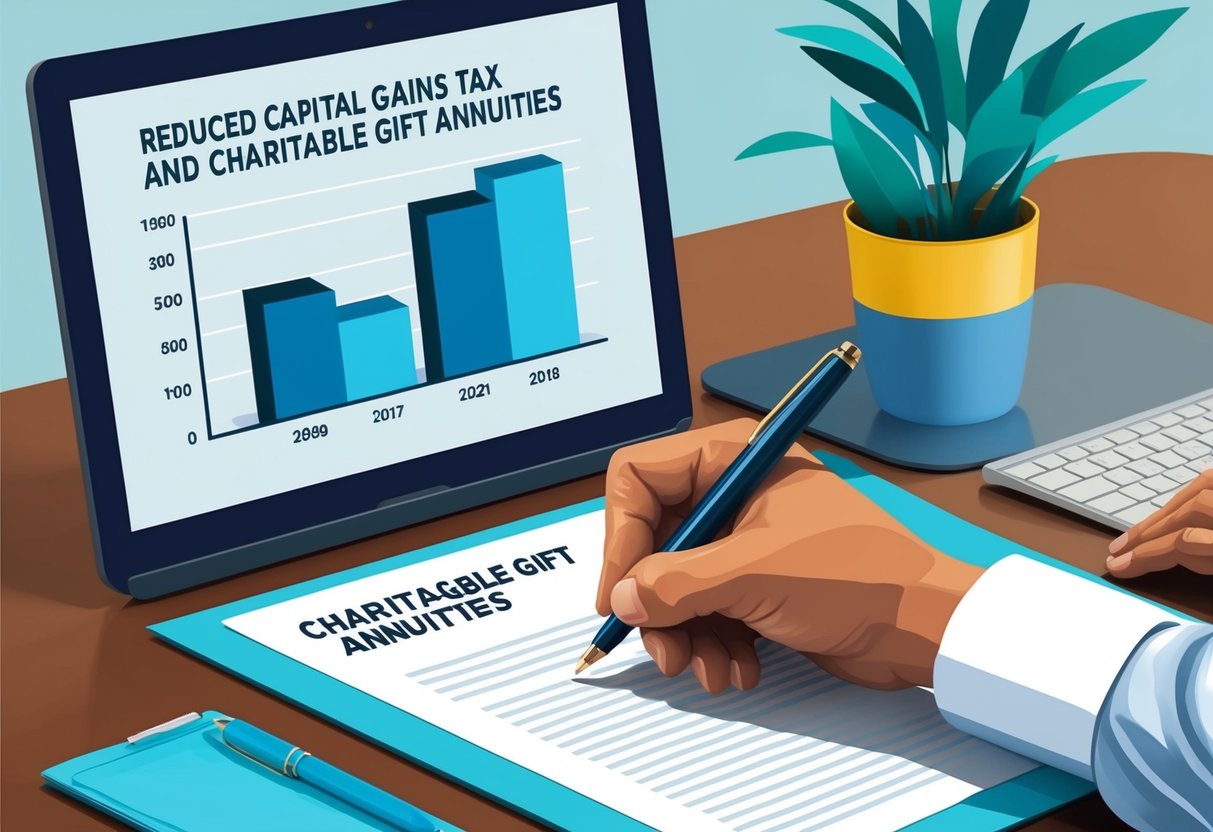 A person signing a document with a pen, while a chart showing reduced capital gains tax and charitable gift annuities is displayed on a computer screen