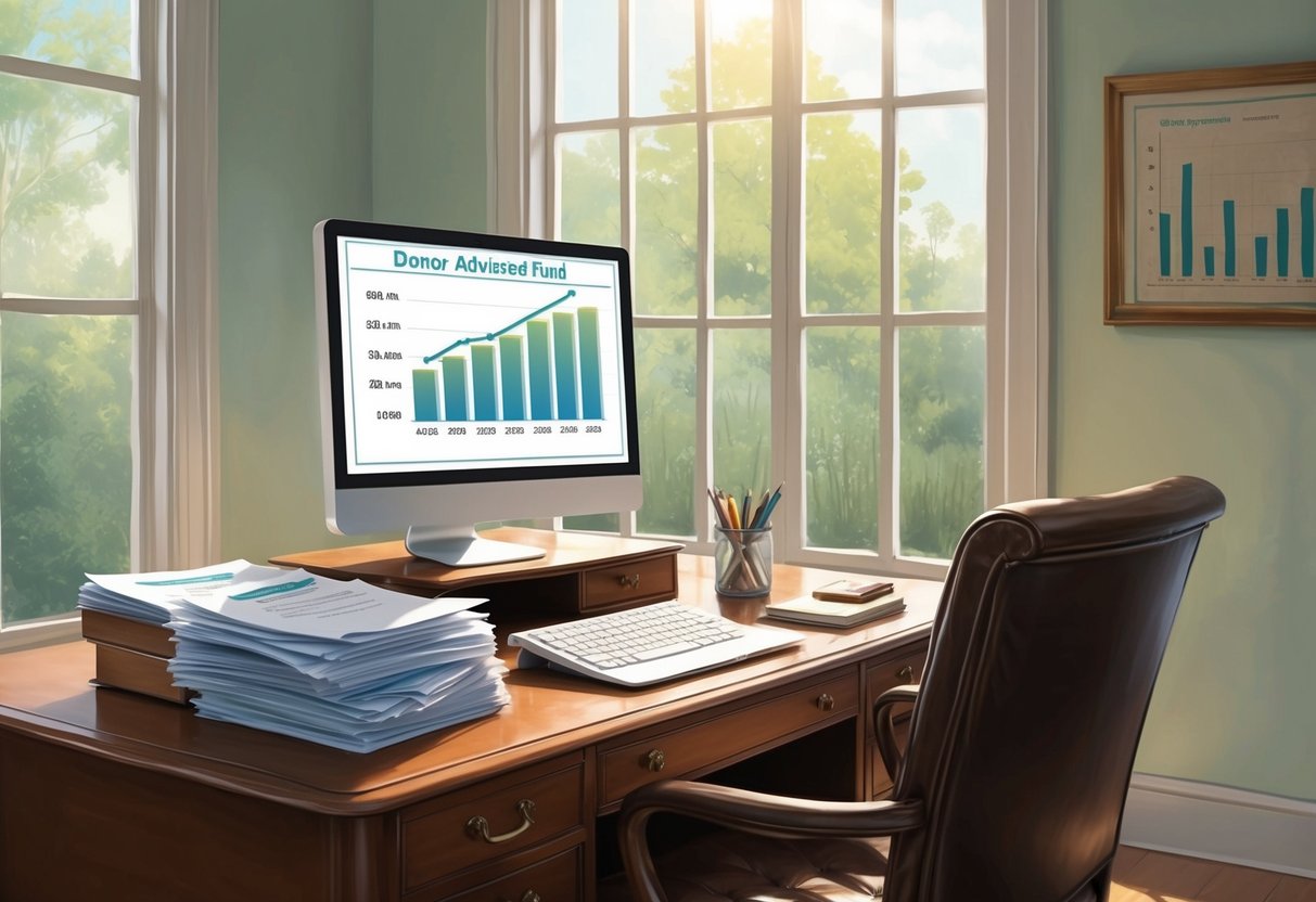 A serene, sunlit office with a mahogany desk and leather chair. A stack of financial documents sits neatly on the desk, while a computer screen displays a graph showing the growth of a donor-advised fund