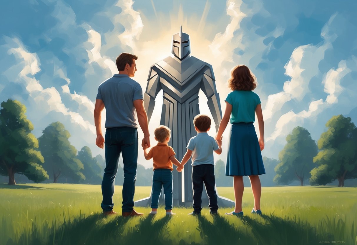 A family of four, with two young children, standing together in front of a symbolic guardian figure, representing the importance of guardianship for young families