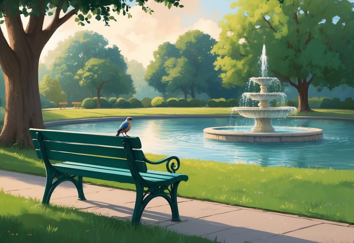 A serene park bench with a tree in the background, where a bird is perched, overlooking a peaceful pond with a fountain