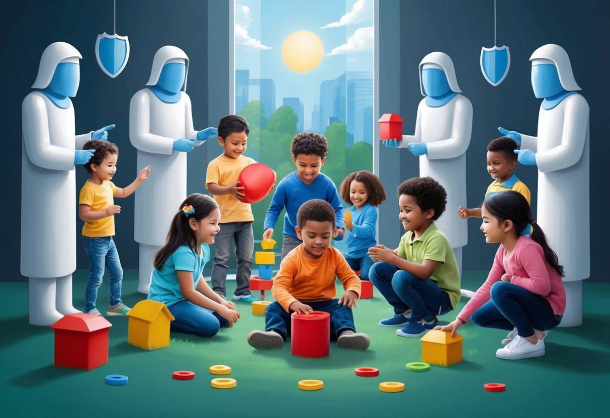 A group of children playing in a safe and secure environment, surrounded by protective figures symbolizing legal guardianship