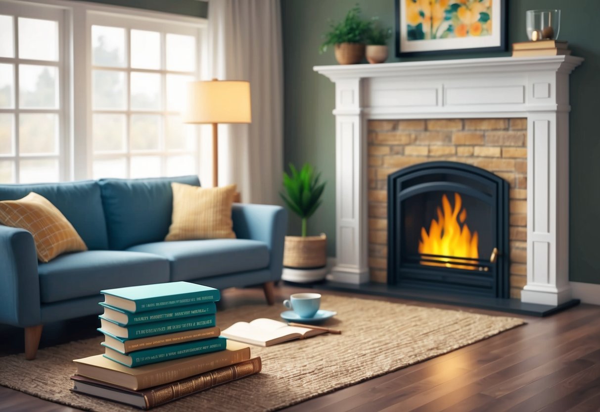A cozy living room with a fireplace, a cup of tea, and a stack of books on charitable gift annuities