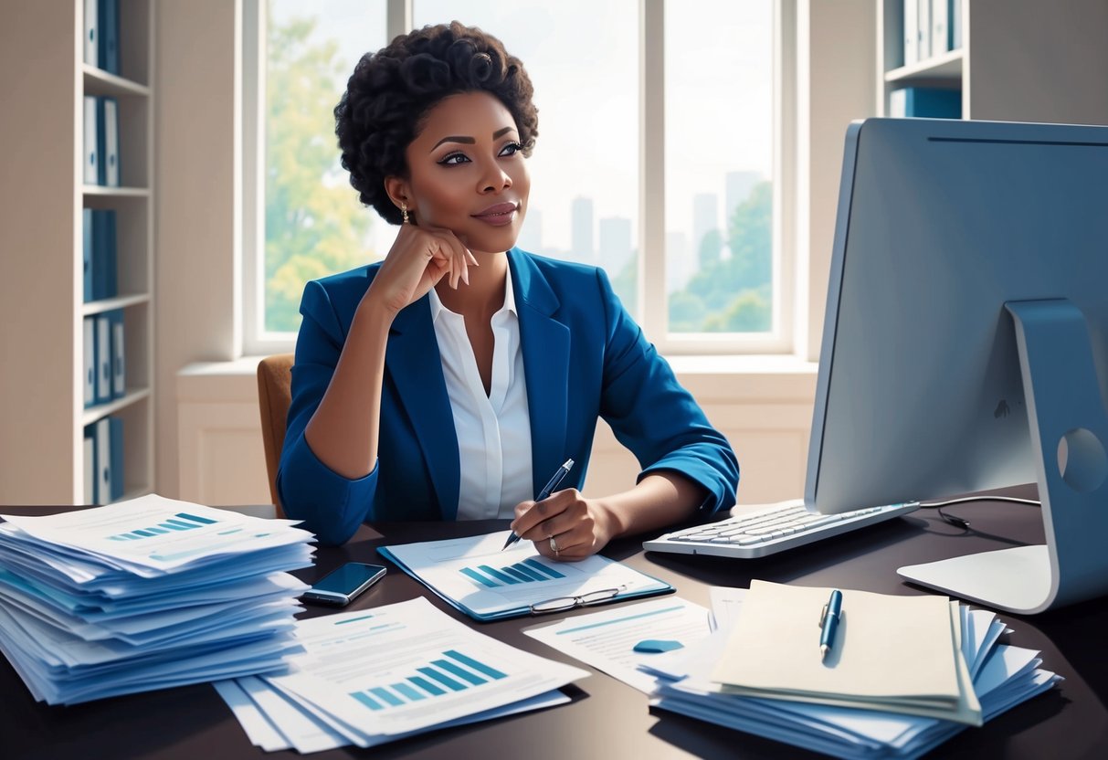 A person sitting at a desk, surrounded by financial documents and a computer, with a pen in hand and a thoughtful expression, contemplating legacy planning using donor-advised funds