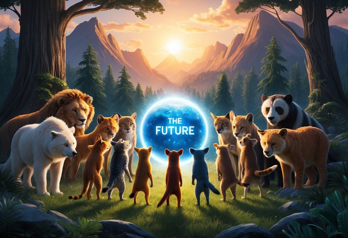 A group of diverse young animals gather around a glowing orb, symbolizing the future, while towering trees and protective mountains surround them