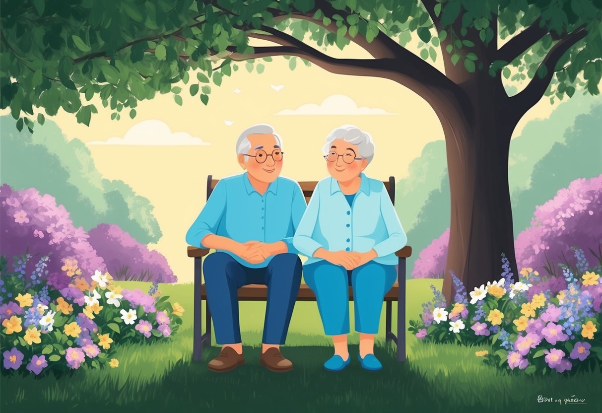 A serene elderly couple sits under a shady tree, surrounded by blooming flowers, as they receive regular payments from their charitable gift annuity