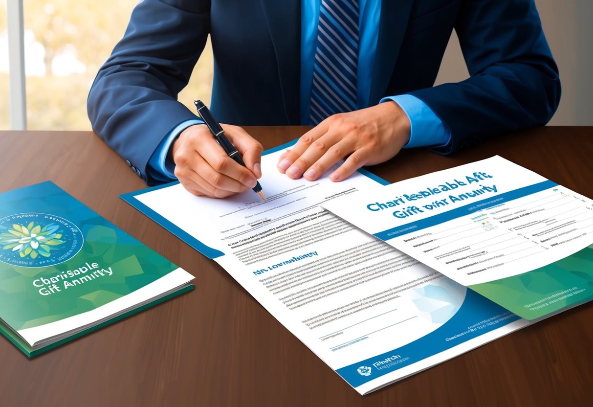 A person signing a document while receiving a charitable gift annuity brochure
