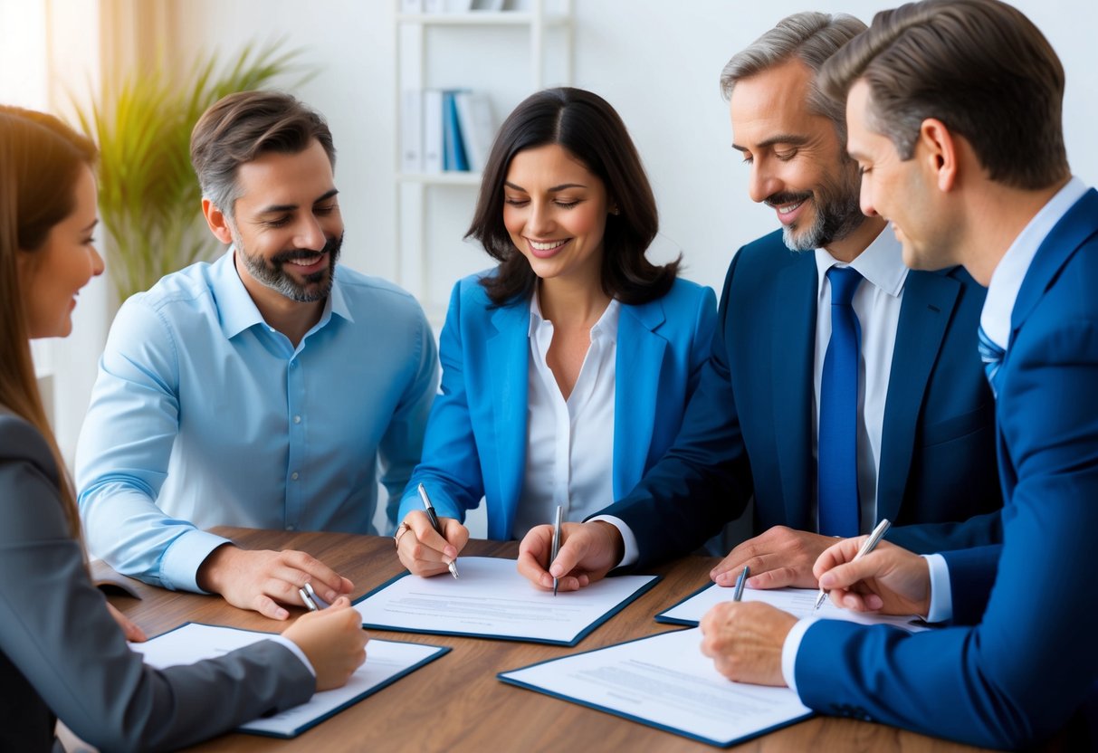 A family sitting around a table, signing legal documents with a lawyer. A sense of relief and security is evident on their faces