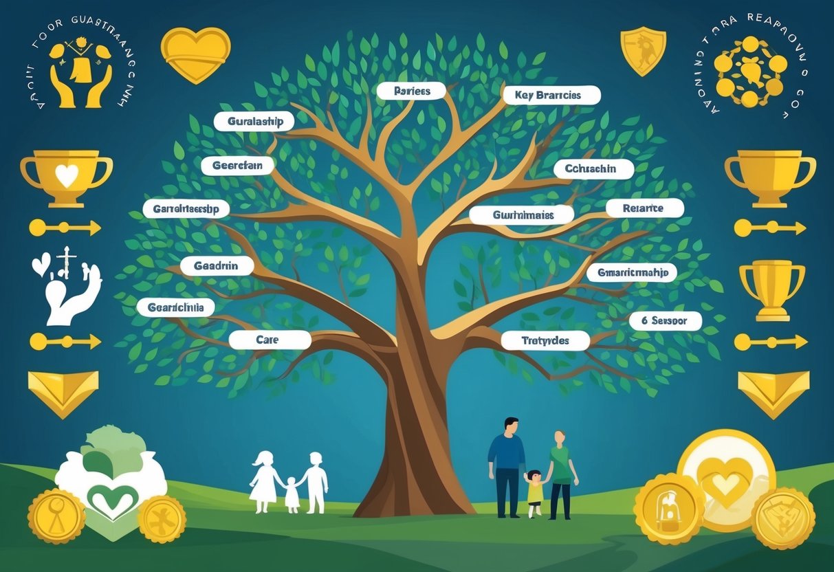 A family tree with branches representing the 6 key reasons for guardianship, surrounded by symbols of care and protection