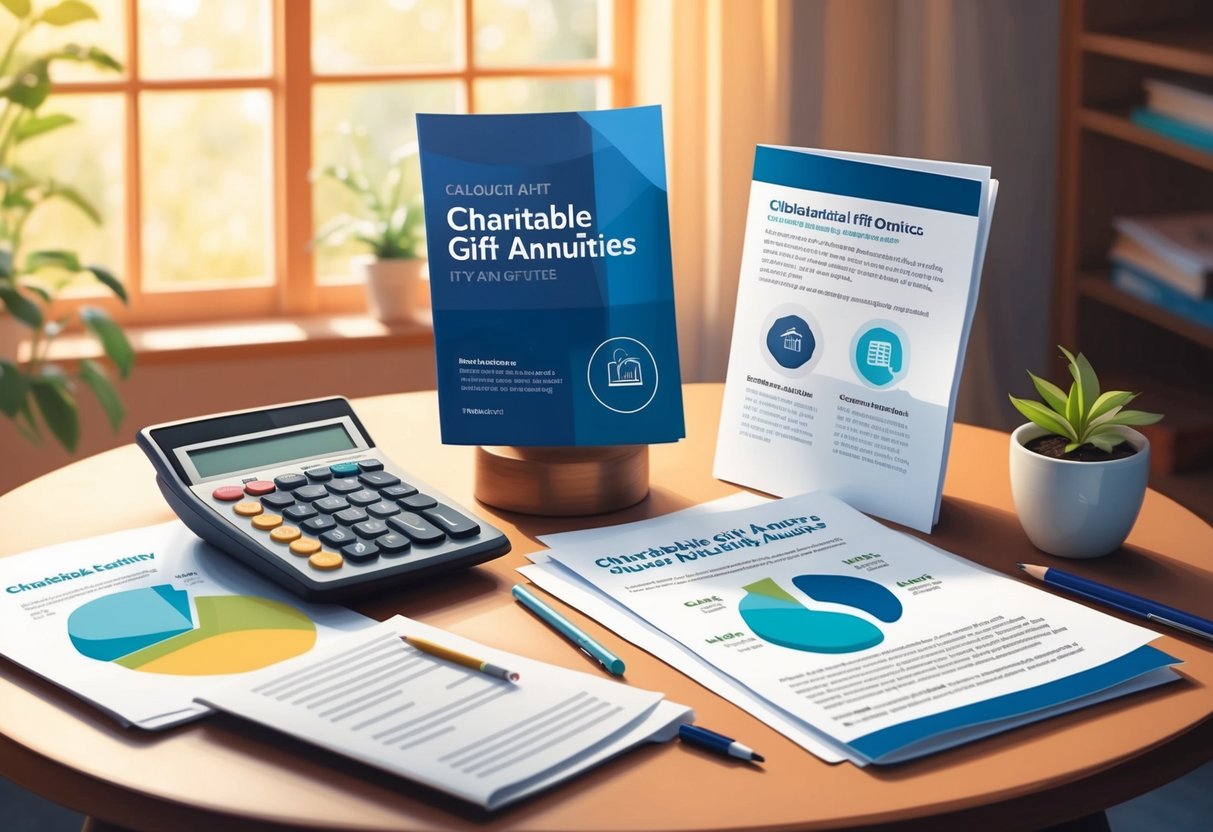 A table with a calculator, financial documents, and a brochure on charitable gift annuities, surrounded by a warm, inviting atmosphere with natural light streaming in through a window