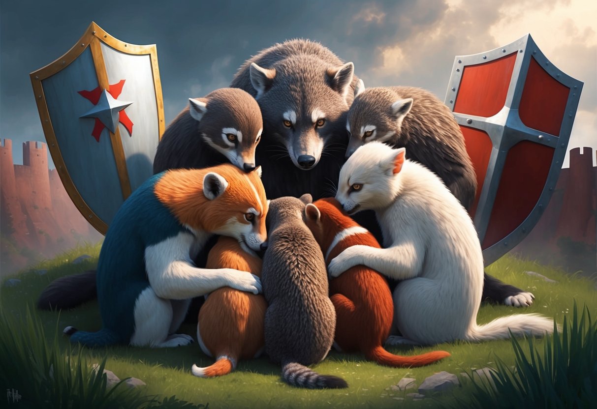 A family of animals huddling together in a protective circle, surrounded by a shield and a fortress, symbolizing the importance of guardianship for young families