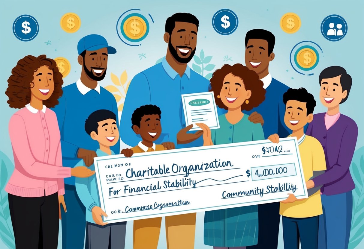 A smiling family receiving a check from a charitable organization, surrounded by symbols of financial stability and community support
