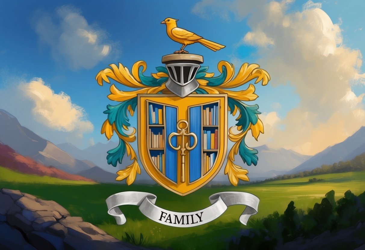 A family crest with a shield, book, and key symbolizing education and guardianship
