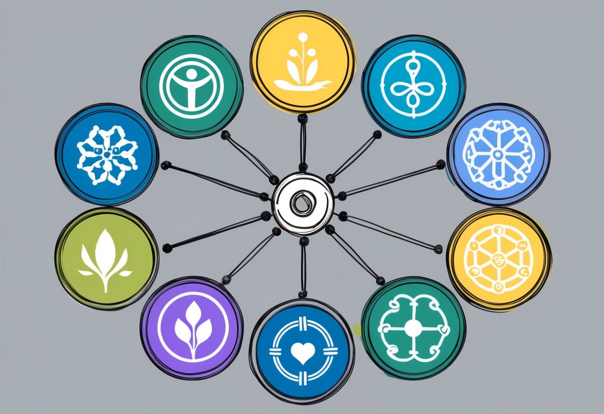 A series of ten interconnected symbols representing philanthropic values, arranged in a circular pattern with a central focal point