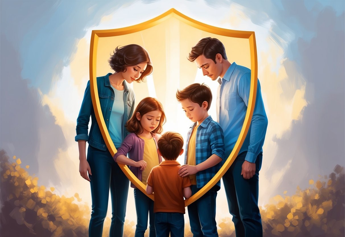 A young family standing together, surrounded by a protective shield symbolizing guardianship. The parents are looking down at their children with care and concern