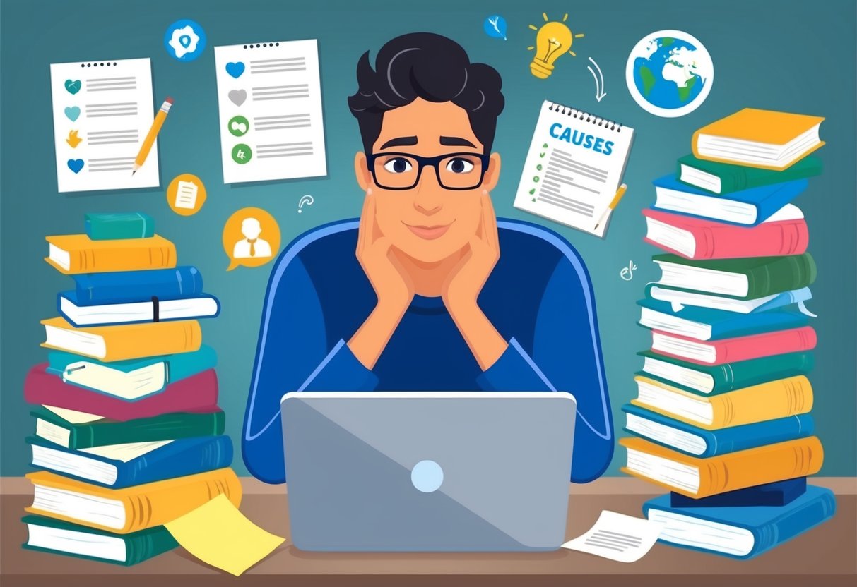 A person researching various charitable causes, surrounded by books, a laptop, and notes, with a thoughtful expression