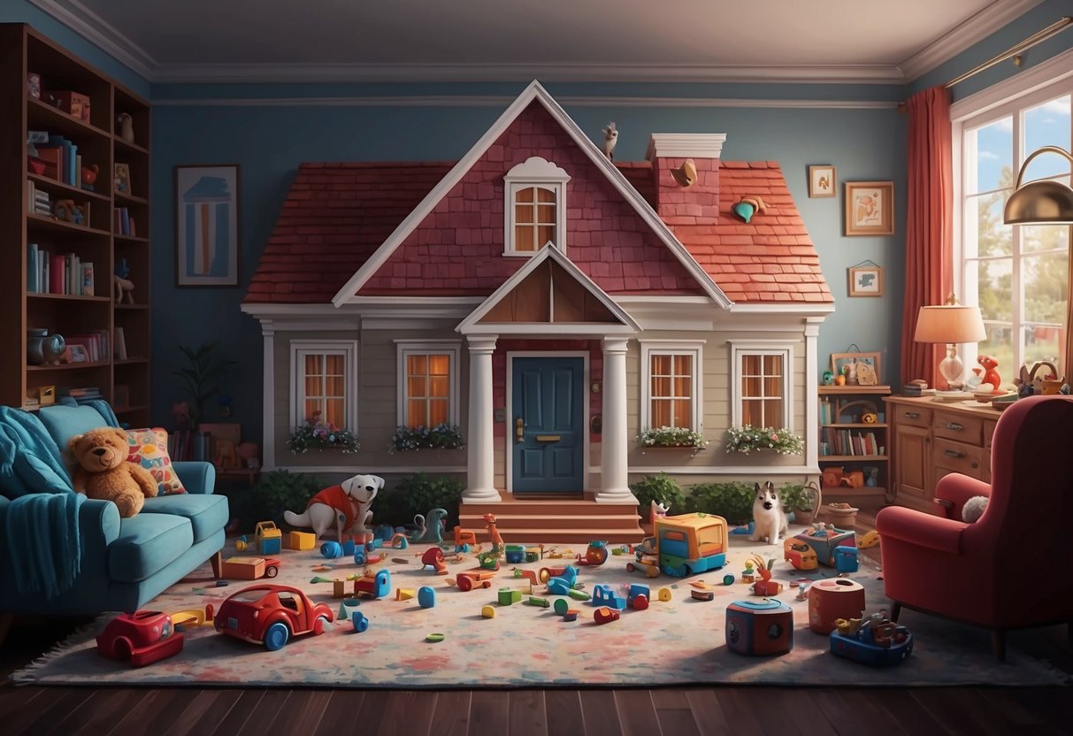 A cozy home with toys scattered and a family pet, surrounded by a safe and nurturing environment, symbolizing the importance of guardianship for young families
