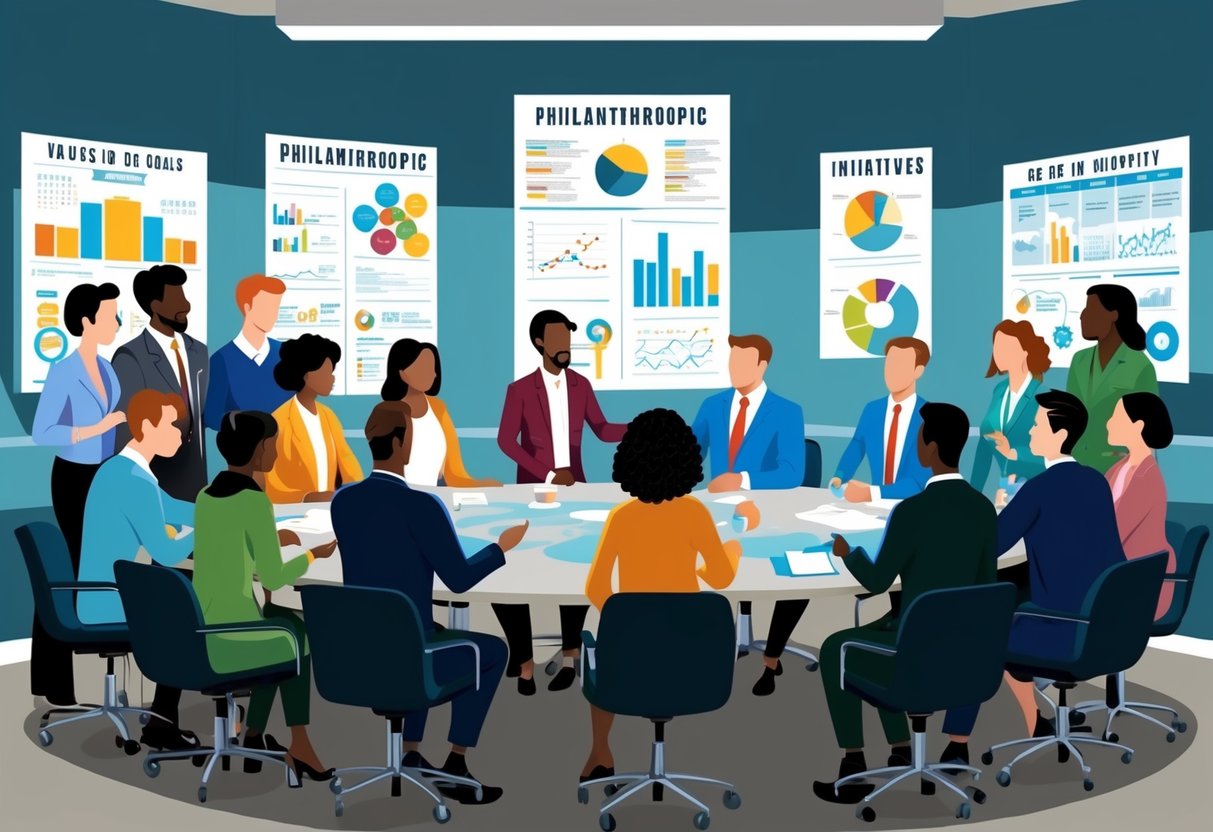 A diverse group of people gather around a table, discussing and planning philanthropic initiatives. Charts and diagrams adorn the walls, reflecting their values and goals