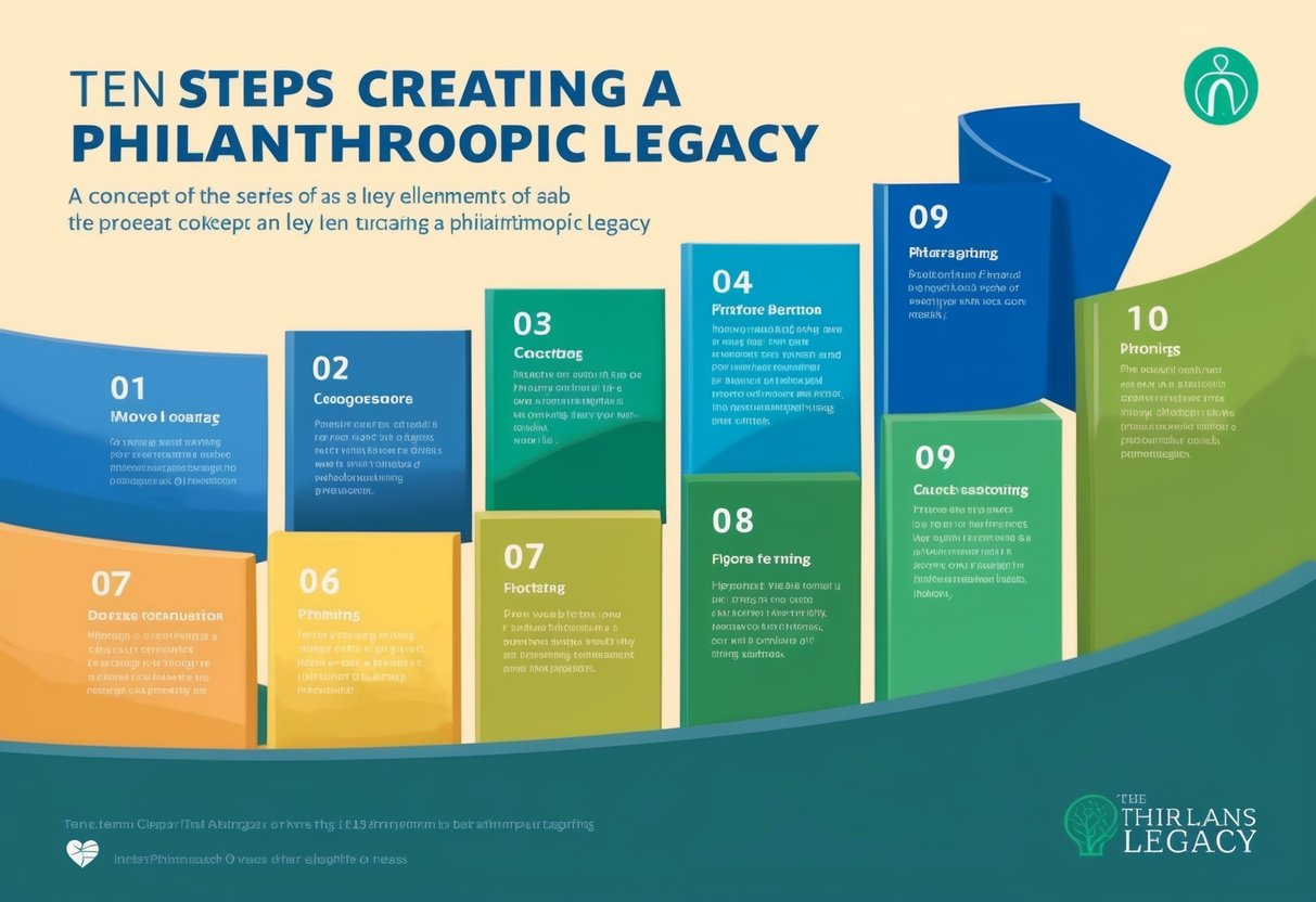 A series of ten steps laid out in a linear progression, each step representing a key element in creating a philanthropic legacy