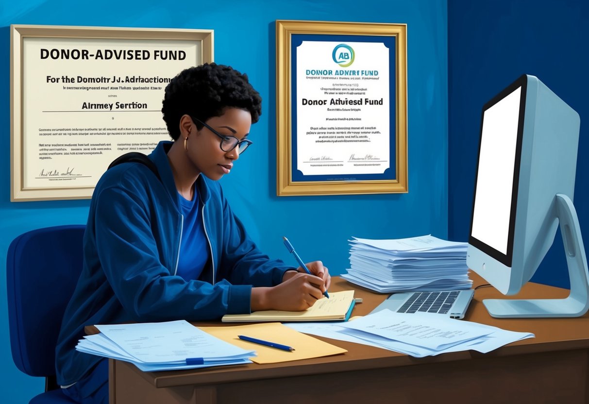 A person sitting at a desk, writing in a notebook, surrounded by papers and a computer. On the wall, a framed certificate for a Donor-Advised Fund