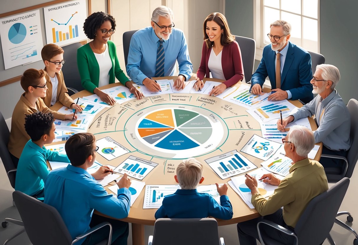 A family gathers around a table, brainstorming and planning their philanthropic legacy. Charts, graphs, and notes cover the table as they engage in lively discussion