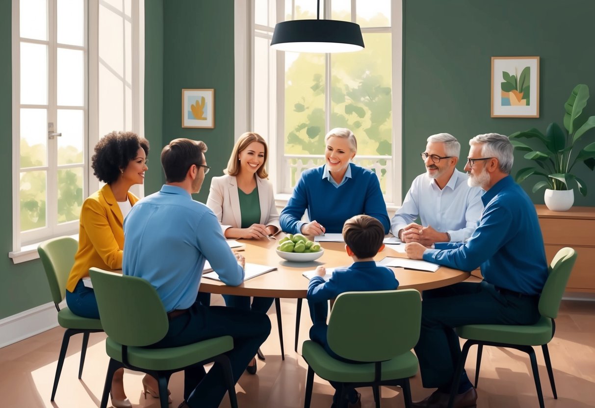 A family sitting around a table, discussing their needs and goals for estate planning, with a balance of support and philanthropy in mind