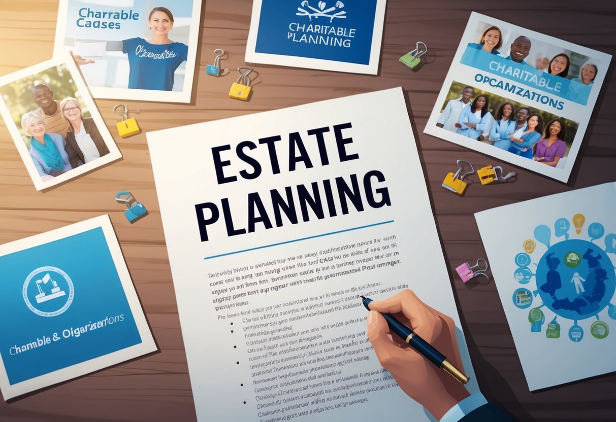A table with a pen, paper, and estate planning documents surrounded by images of charitable causes and organizations