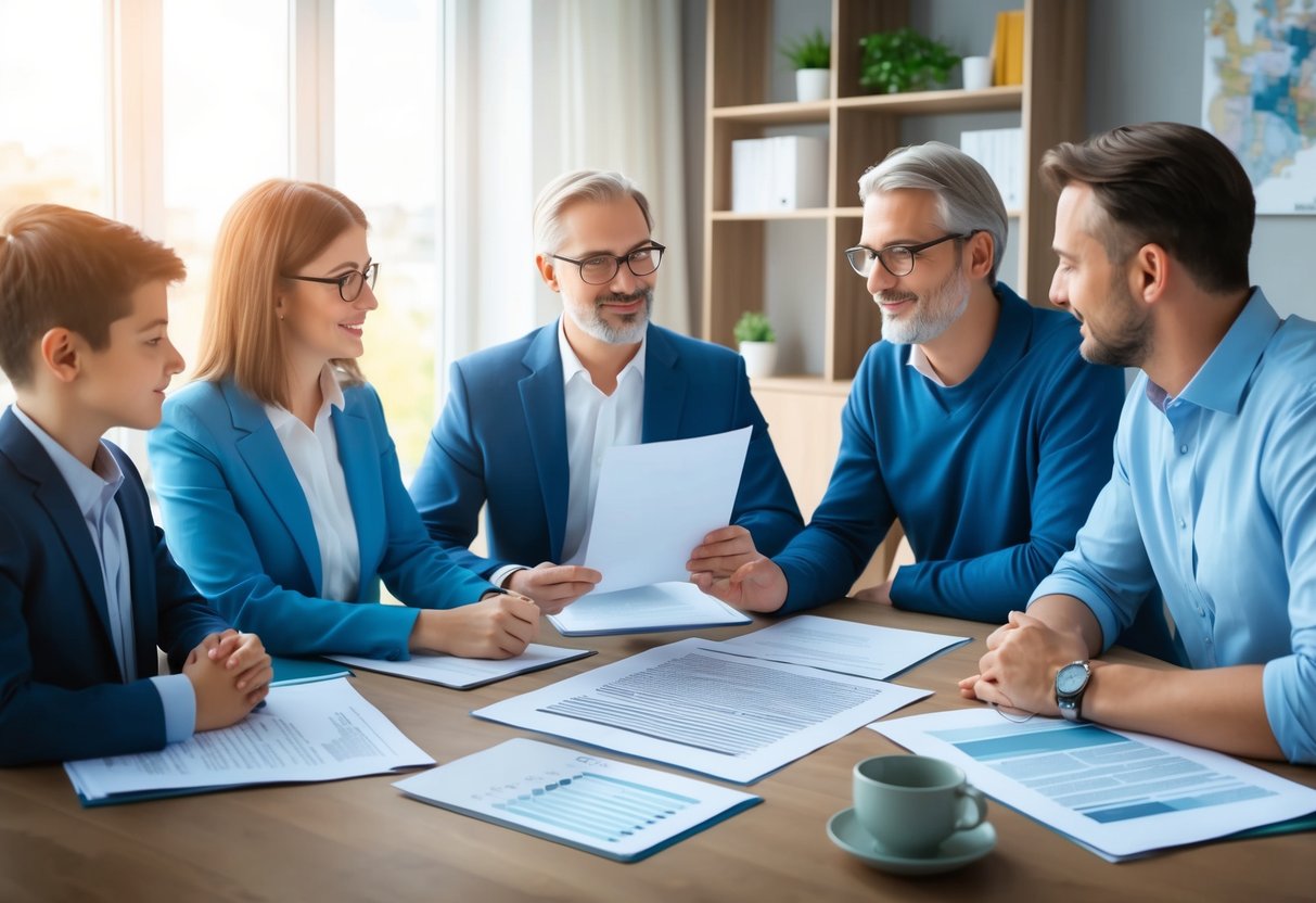 A family sitting around a table with a legal document, discussing and aligning their estate plan with their values